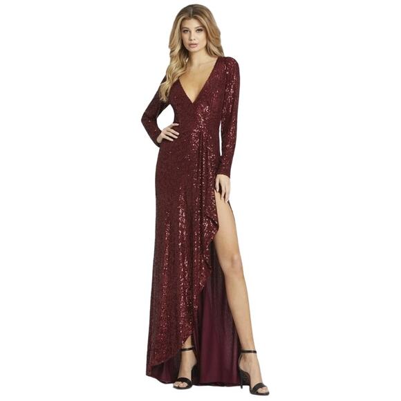 MAC DUGGAL Dress Size 6 Evening Gown Sequin Red Wine NEW Faux Wrap V Neck - Picture 1 of 7